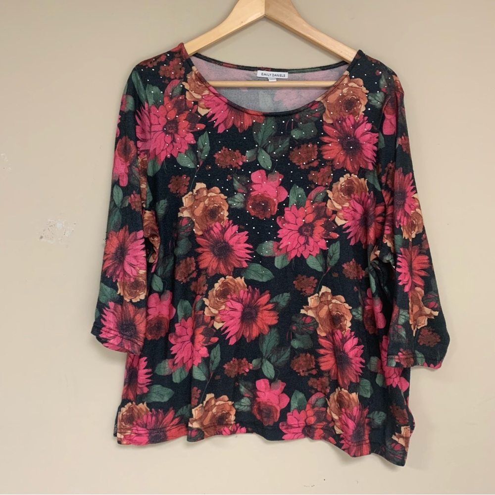 🆕 Floral Pattern Blouse Women’s 1X Loose Flowy Shirt Gems by Emily Daniels - Picture 1 of 11